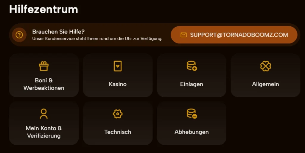 Tornado Boomz Casino Hilfezentrum mit Support und Verifizierungsbereichen