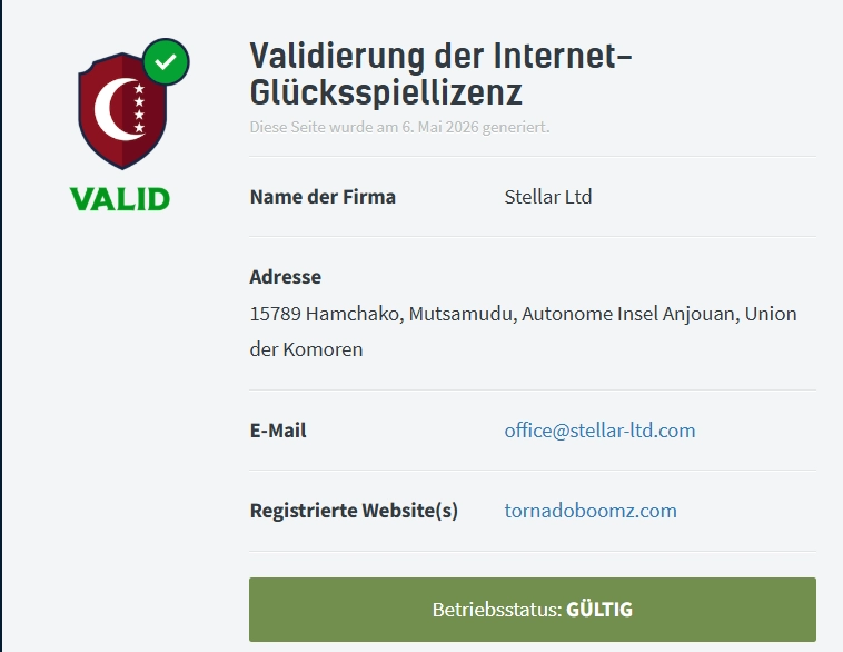 Tornado Boomz Casino Lizenzvalidierung von Stellar Ltd mit gültigem Status