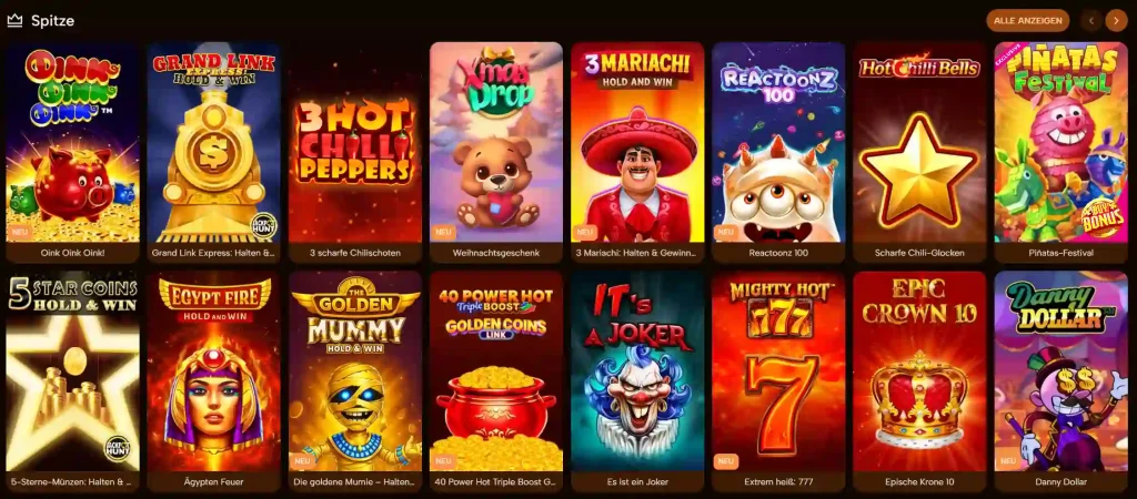 Tornado Boomz Casino Slot-Lobby mit beliebten Spielautomaten und Jackpot-Slots