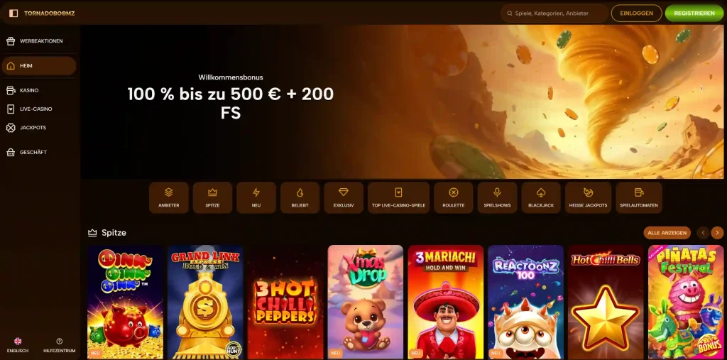 Tornado Boomz Casino Startseite mit Willkommensbonus und Slot-Lobby